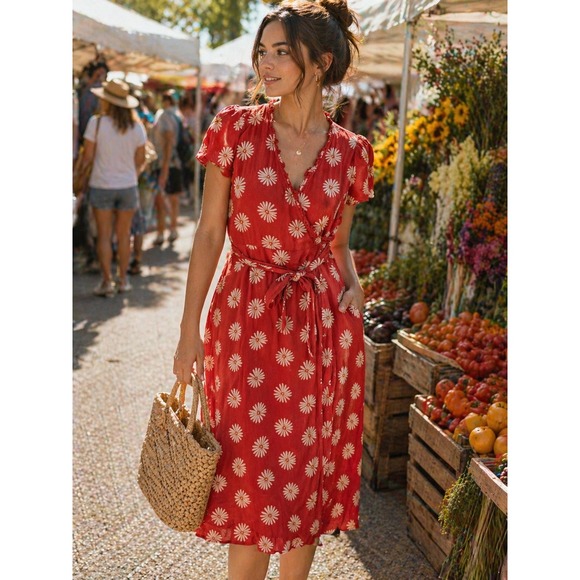 Madewell Dresses & Skirts - Madewell Red Daisy Print Ruffle Wrap Midi Dress XS Summer Fun Brunch Market
